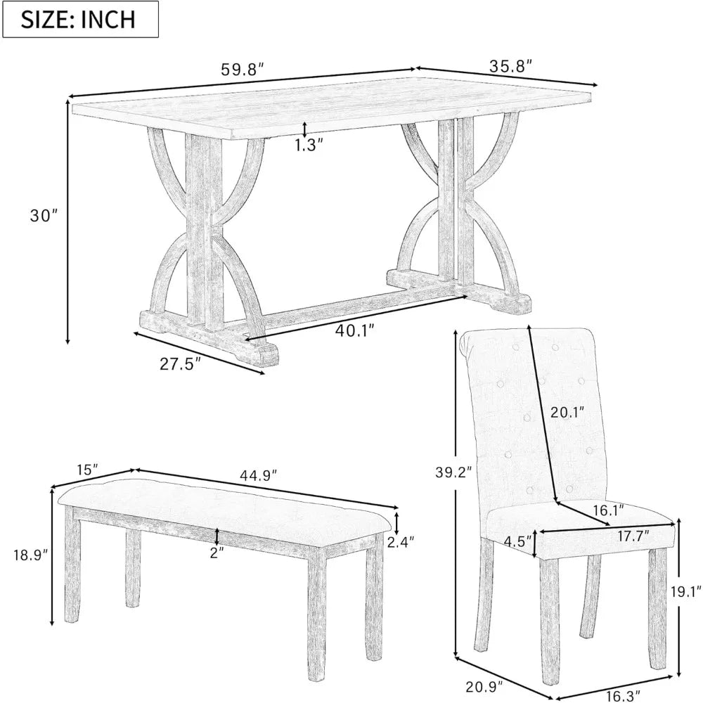 6 Piece Wood Dining Table Set with Bench and 4 Upholstered Chairs