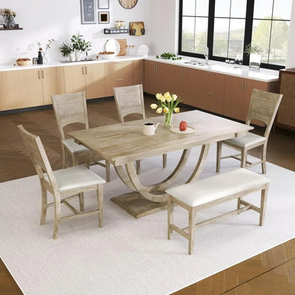 Dining Table Set with 4 Upholstered Chairs - Solid Wood Table