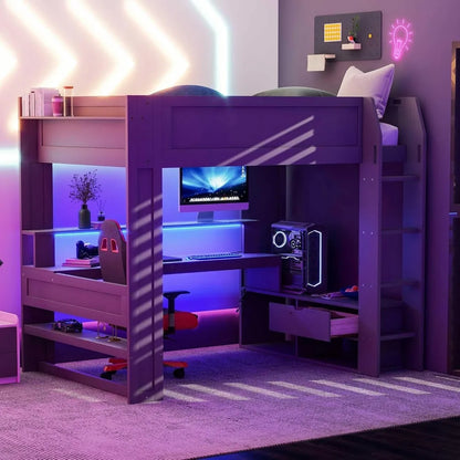 Full Size Gaming Loft Bed with Desk, LEDs and Charging Station