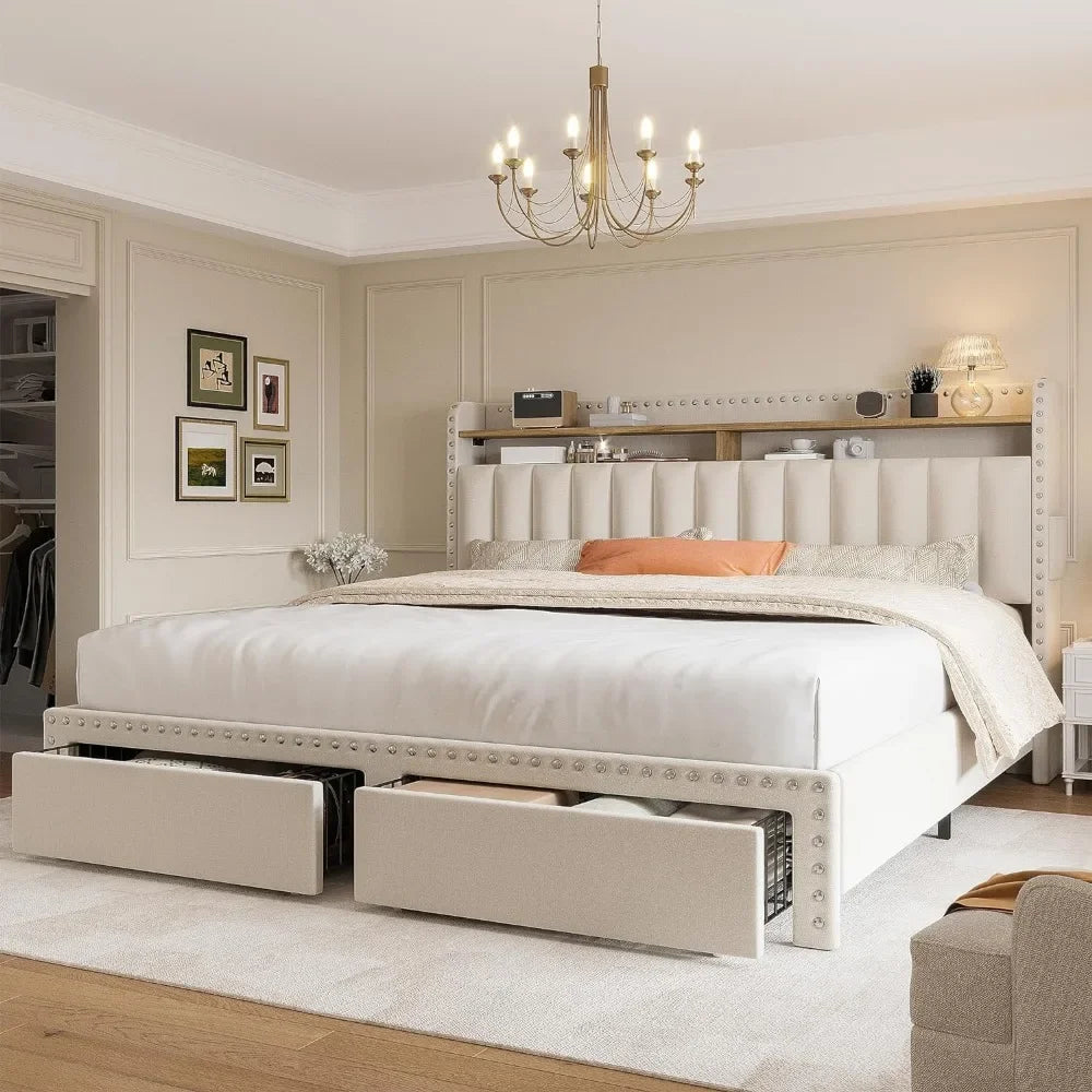 Queen Bed Frame with Headboard and Storage Drawers