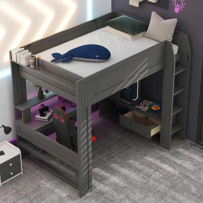 Full Size Gaming Loft Bed with Desk, LEDs and Charging Station