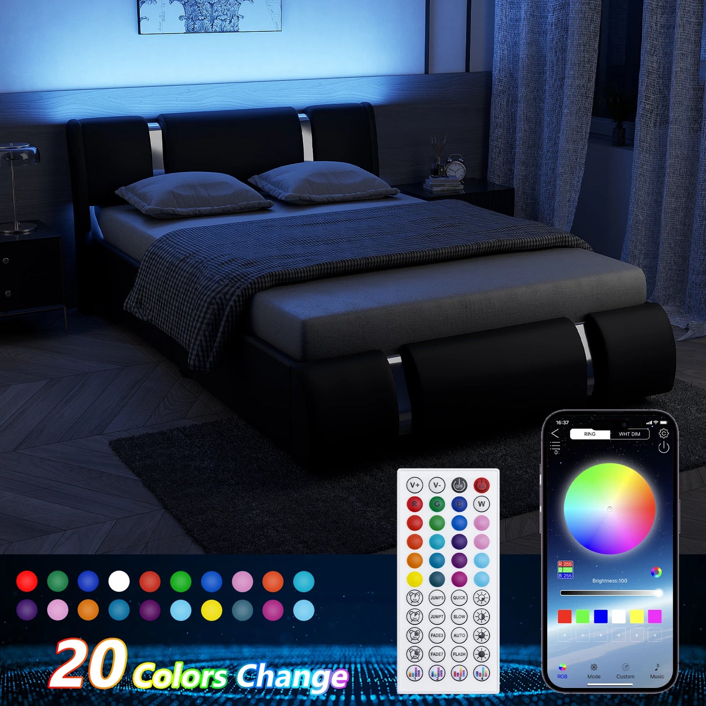 Queen/Full LED Bed Frame with Adjustable Headboard