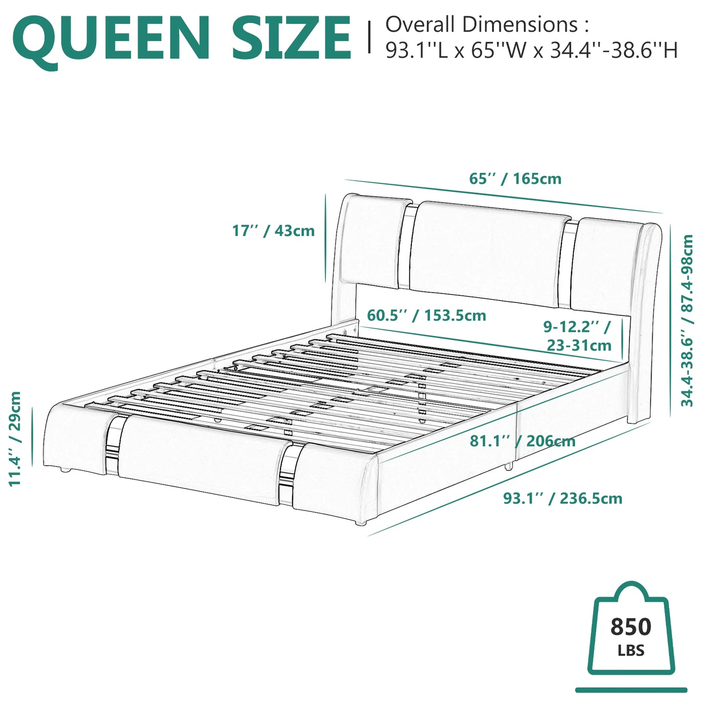 Queen/Full LED Bed Frame with Adjustable Headboard