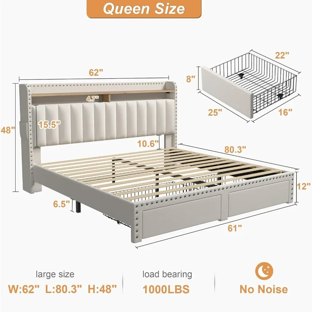 Queen Bed Frame with Headboard and Storage Drawers