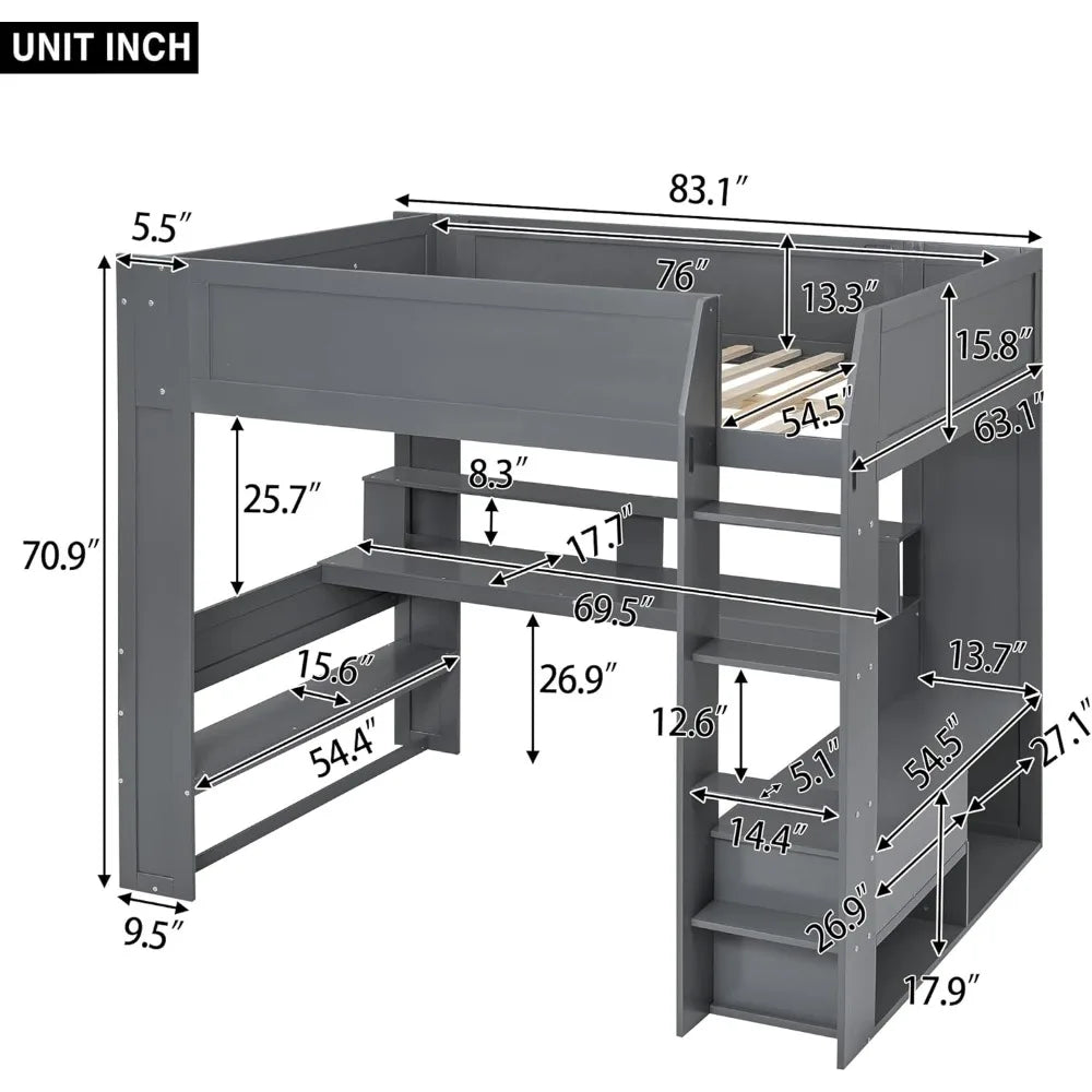 Full Size Gaming Loft Bed with Desk, LEDs and Charging Station