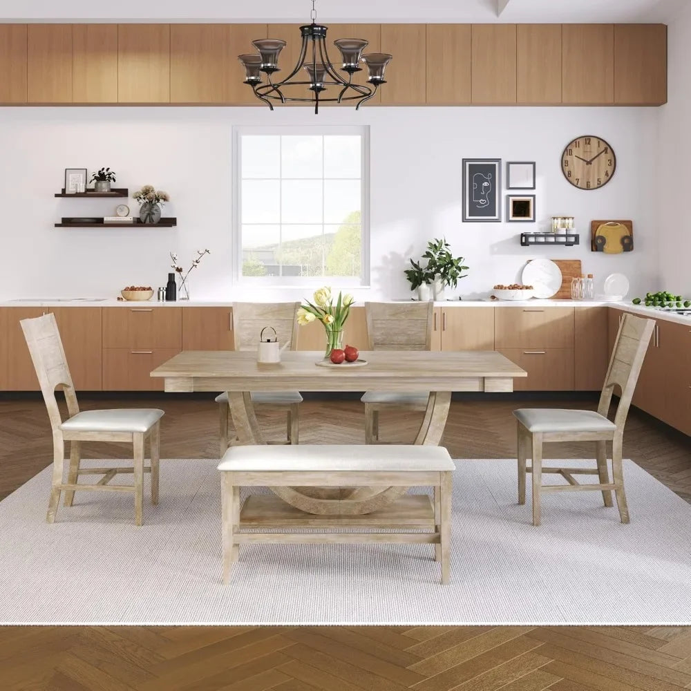 Dining Table Set with 4 Upholstered Chairs - Solid Wood Table