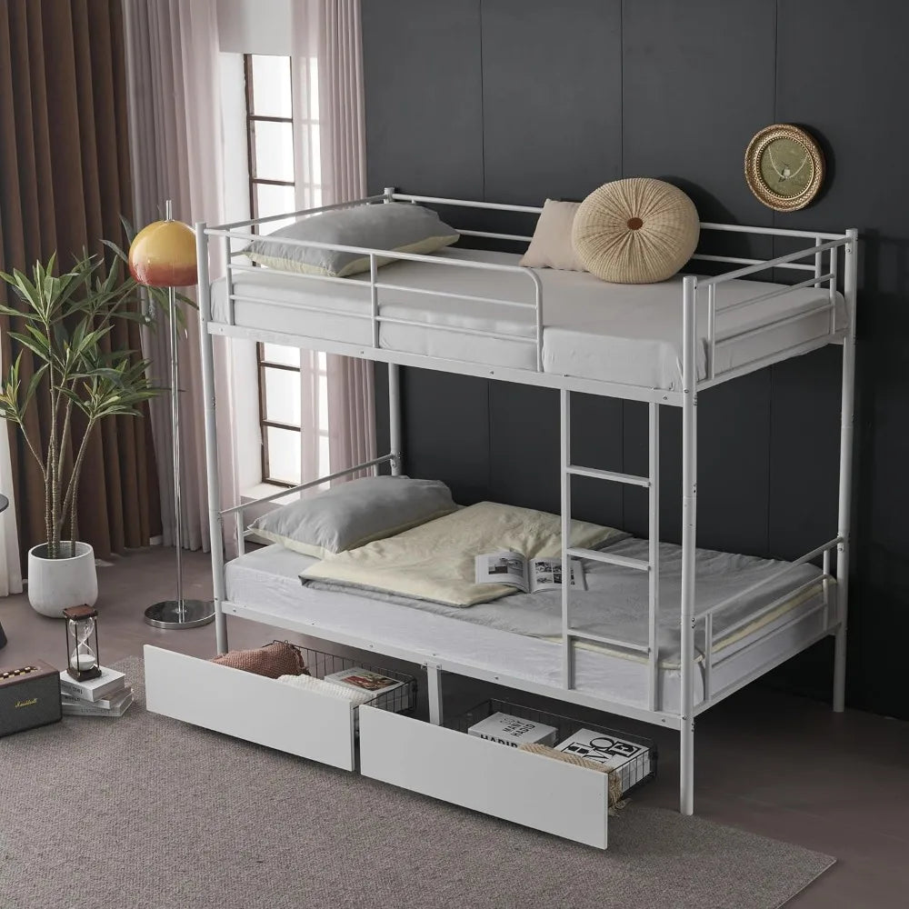 White Bunk Bed Twin Over Twin with 2 Storage Drawers