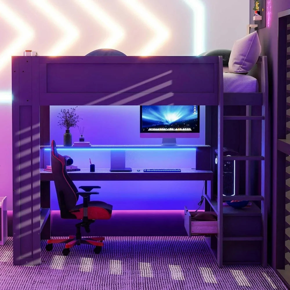 Full Size Gaming Loft Bed with Desk, LEDs and Charging Station