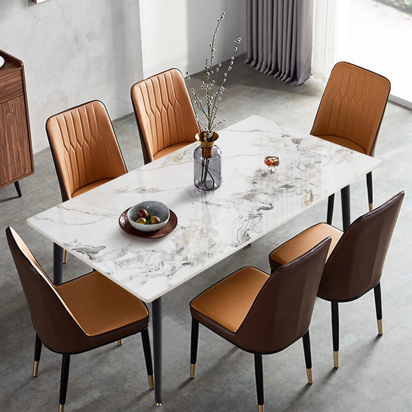 Modern Dining Room Table with White Sintered Stone Top and Metal Legs