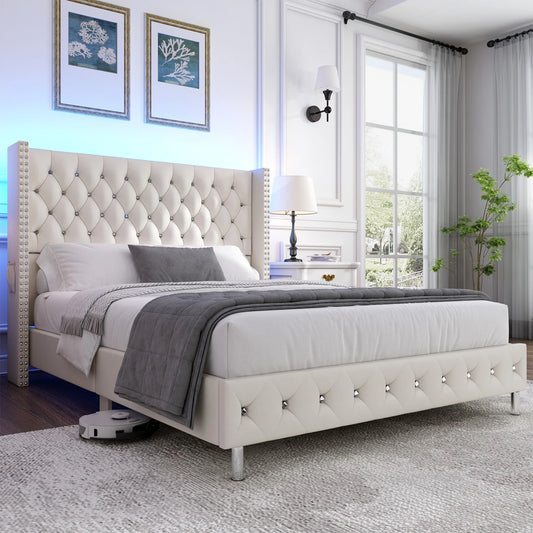 Queen LED Upholstered Bed Frame with Wingback Headboard