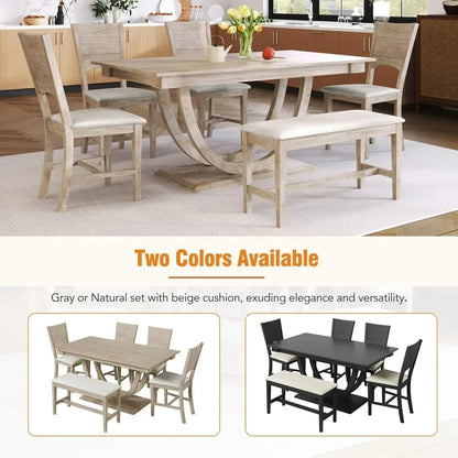 Dining Table Set with 4 Upholstered Chairs - Solid Wood Table