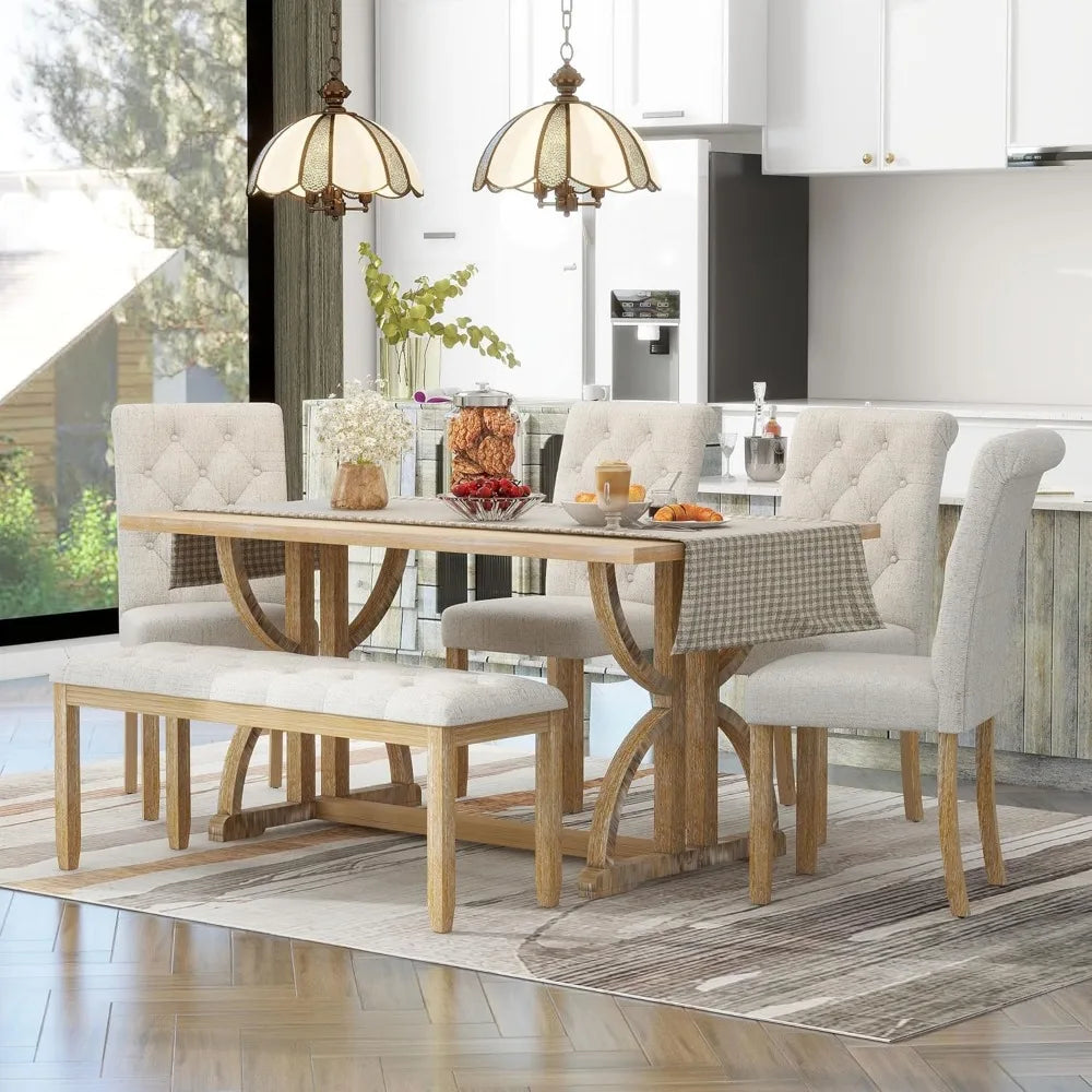 6 Piece Wood Dining Table Set with Bench and 4 Upholstered Chairs